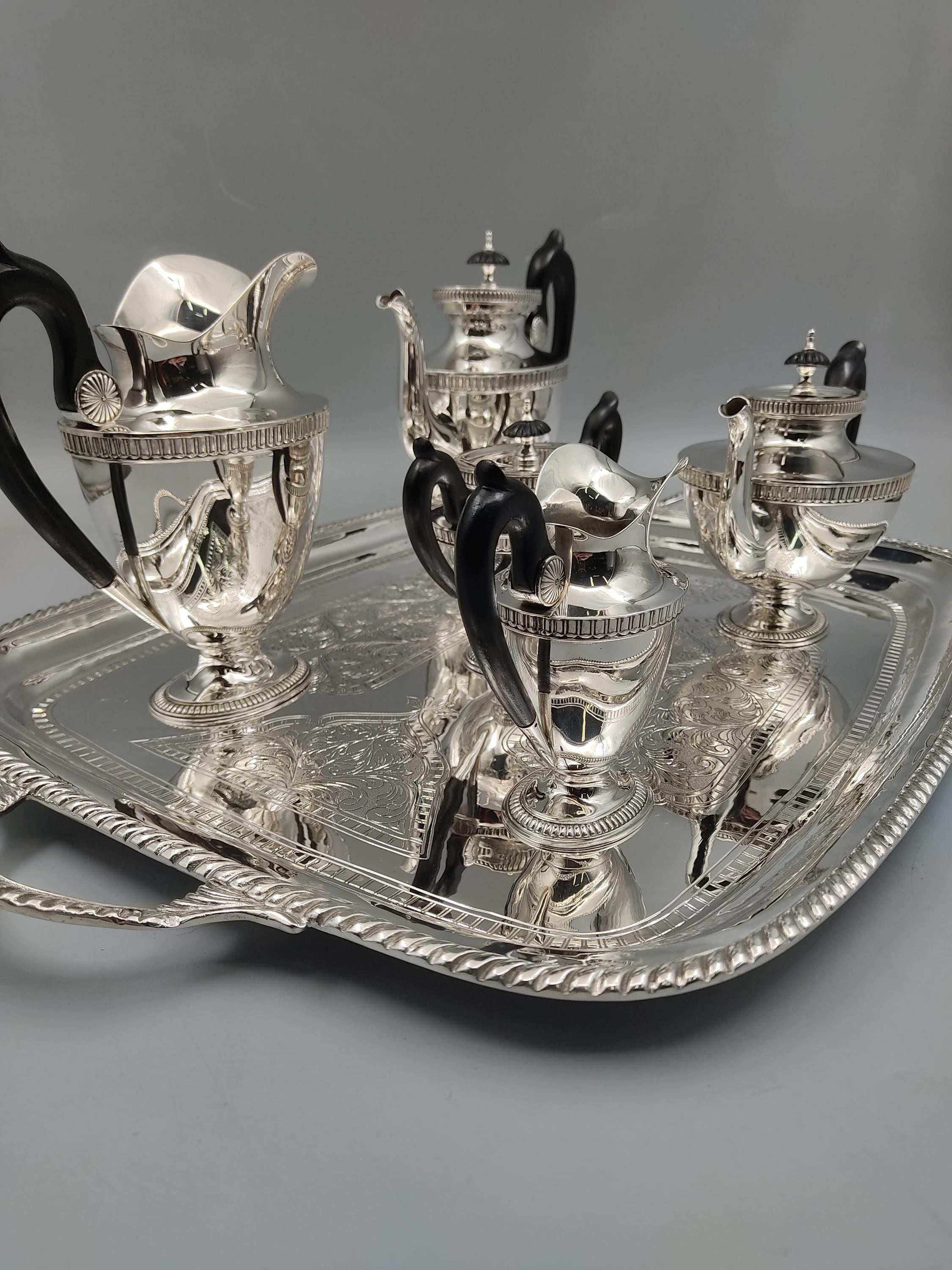 Solid 925 sterling silver tea service with deep ebony wood handles, handcrafted to order in Istanbul's Grand Bazaar