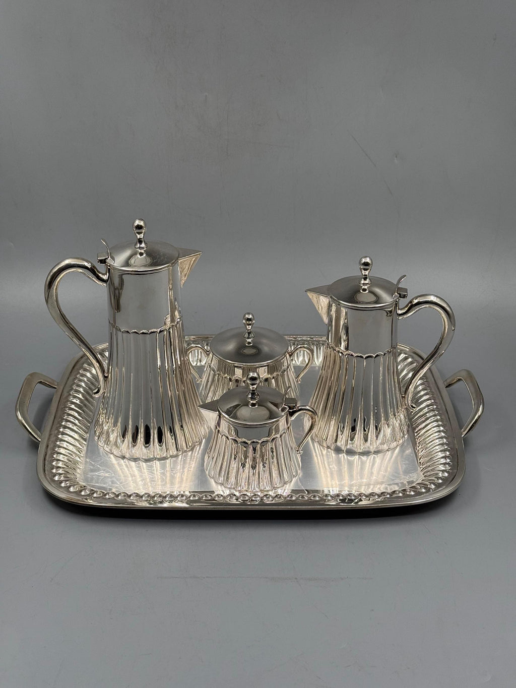 Solid 925 sterling silver tea service with architectural column detailing, handcrafted to order in Istanbul's Grand Bazaar