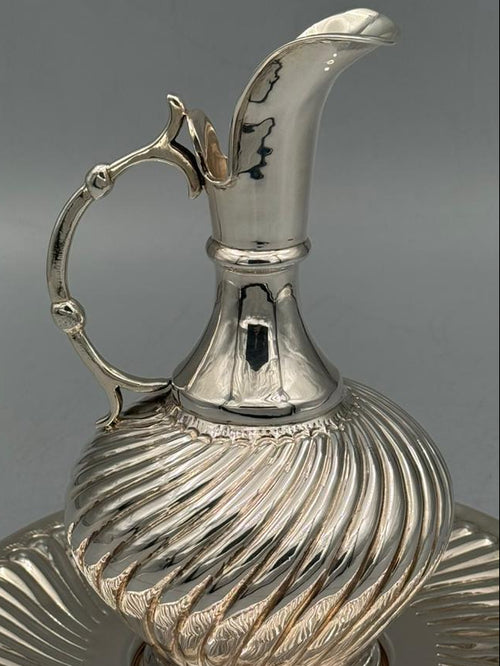 Silver-plated Bektashi pitcher with matching engraved tray, handcrafted in Istanbul's Grand Bazaar

