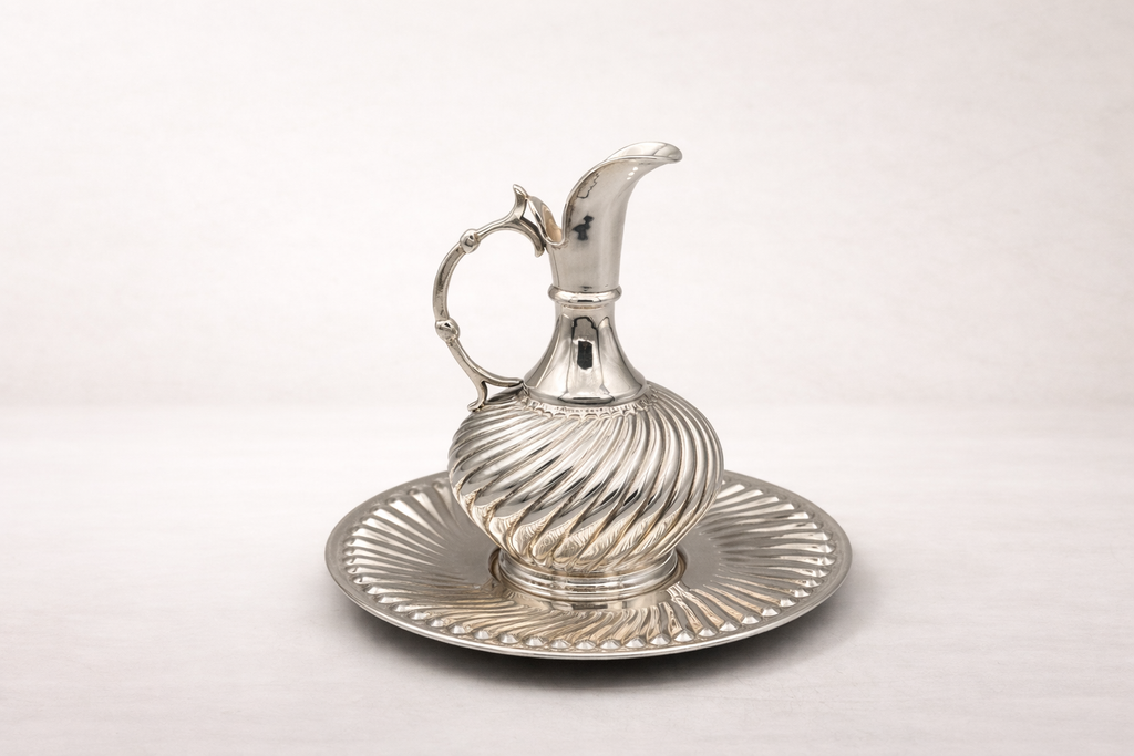 Silver-plated Bektashi pitcher with matching engraved tray, handcrafted in Istanbul's Grand Bazaar
