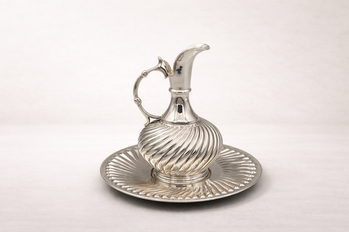 Silver-plated Bektashi pitcher with matching engraved tray, handcrafted in Istanbul's Grand Bazaar
