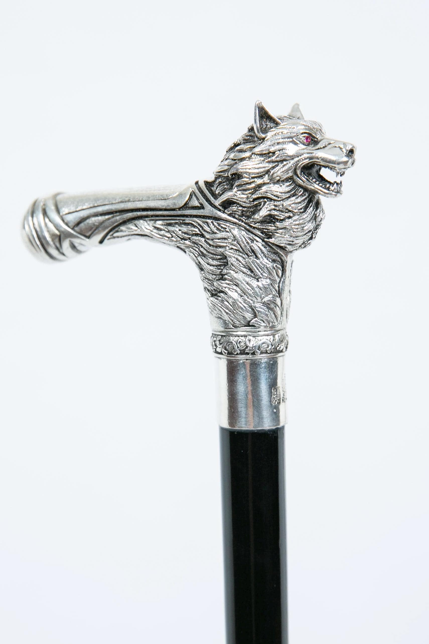 Silver-plated walking cane with sculpted wolf head handle, handcrafted in Istanbul's Grand Bazaar