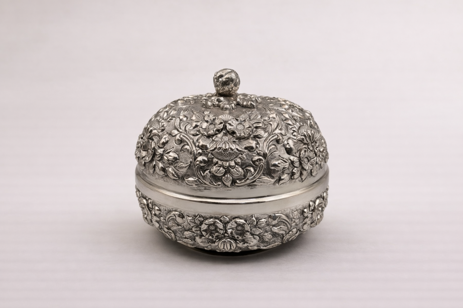 Silver-plated bonbonniere with hand-engraved floral texture surface, handcrafted in Istanbul's Grand Bazaar