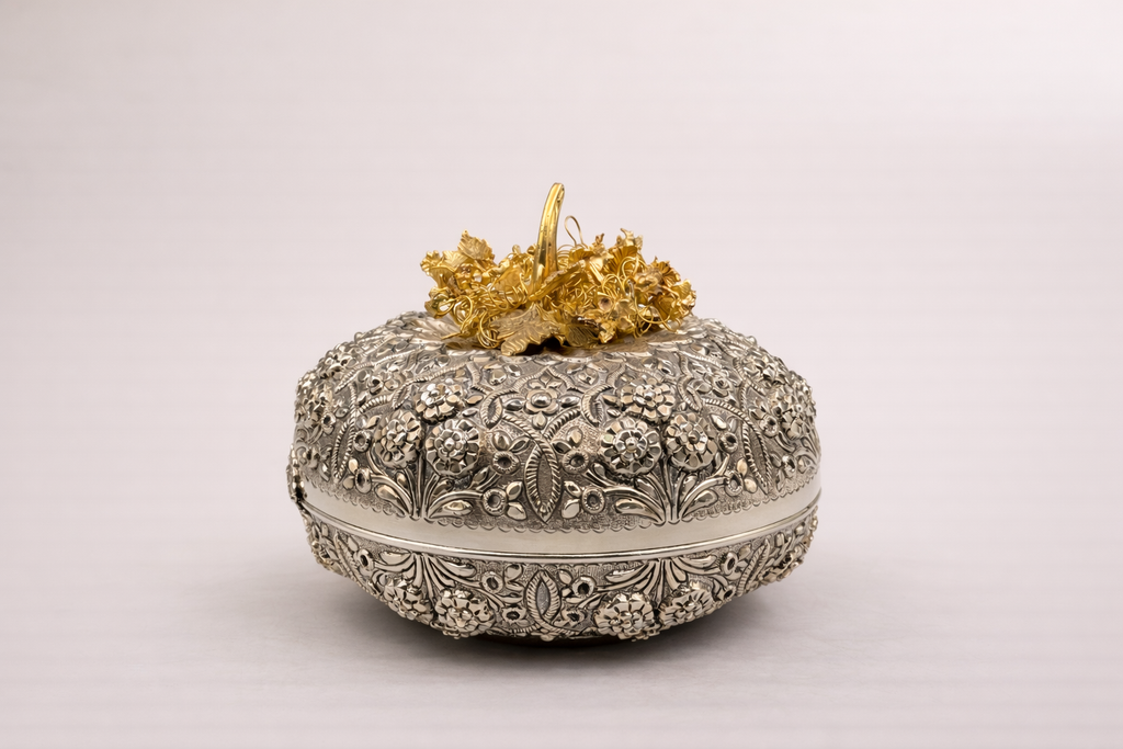 Silver-plated bonbonniere with hand-applied gold accent detailing, handcrafted in Istanbul's Grand Bazaar