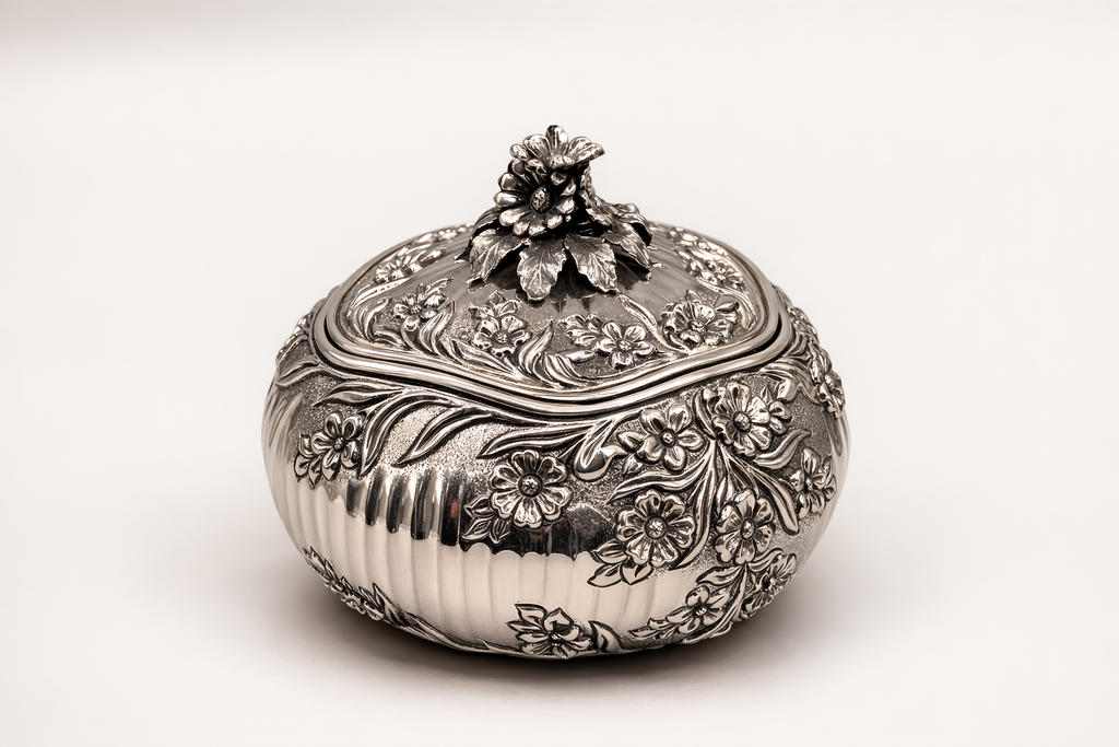 Silver-plated bonbonniere with hand-engraved floral inlay detailing, handcrafted in Istanbul's Grand Bazaar
