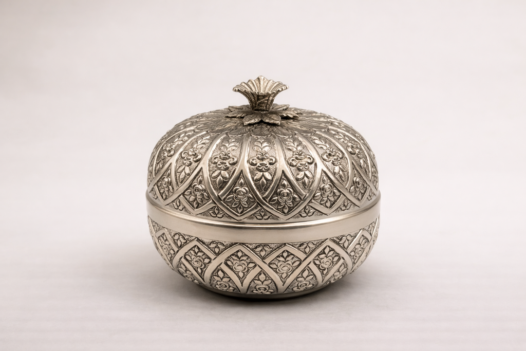Silver-plated bonbonniere with hand-sculpted rose detail finial, handcrafted in Istanbul's Grand Bazaar