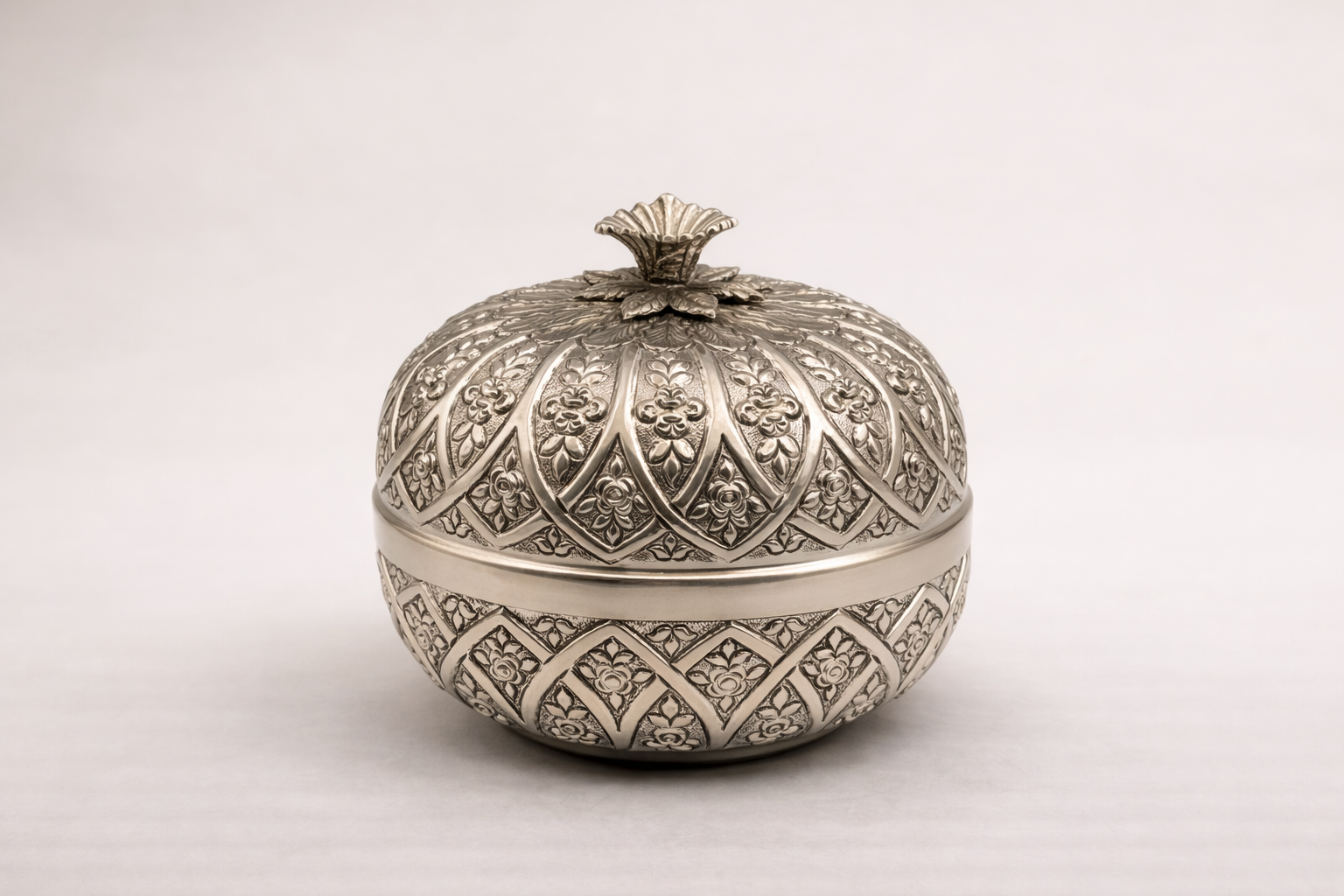Silver-plated bonbonniere with hand-sculpted rose detail finial, handcrafted in Istanbul's Grand Bazaar