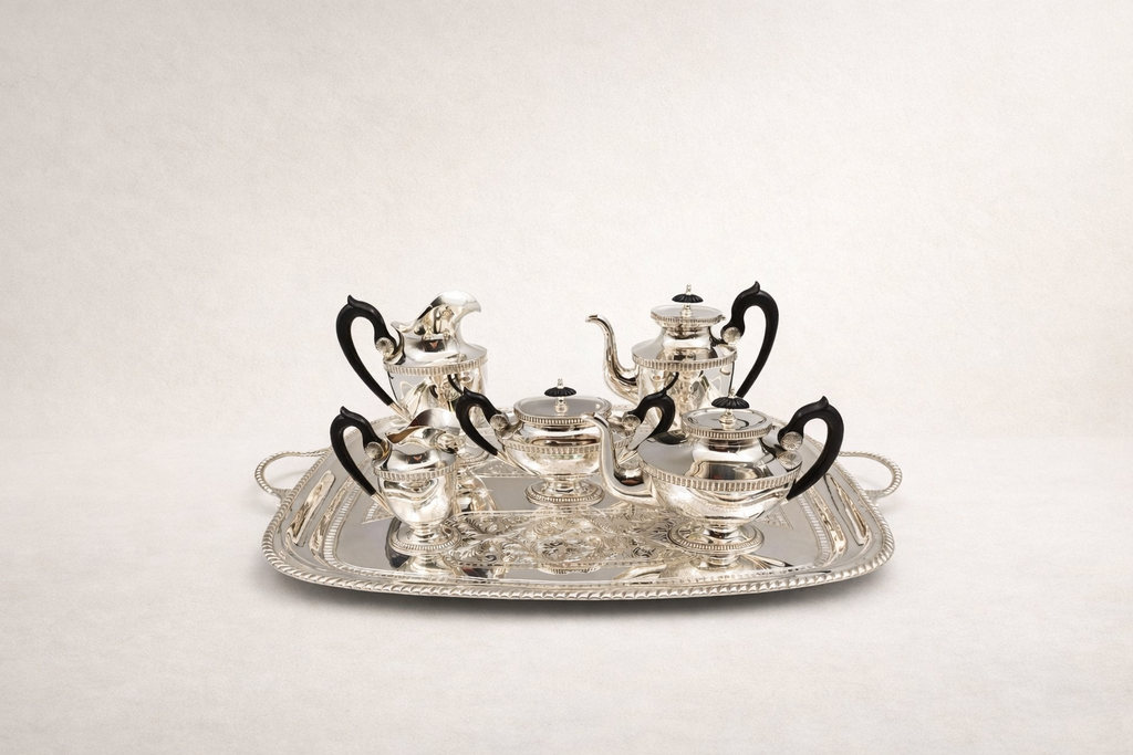 Solid 925 sterling silver tea service with deep ebony wood handles, handcrafted to order in Istanbul's Grand Bazaar