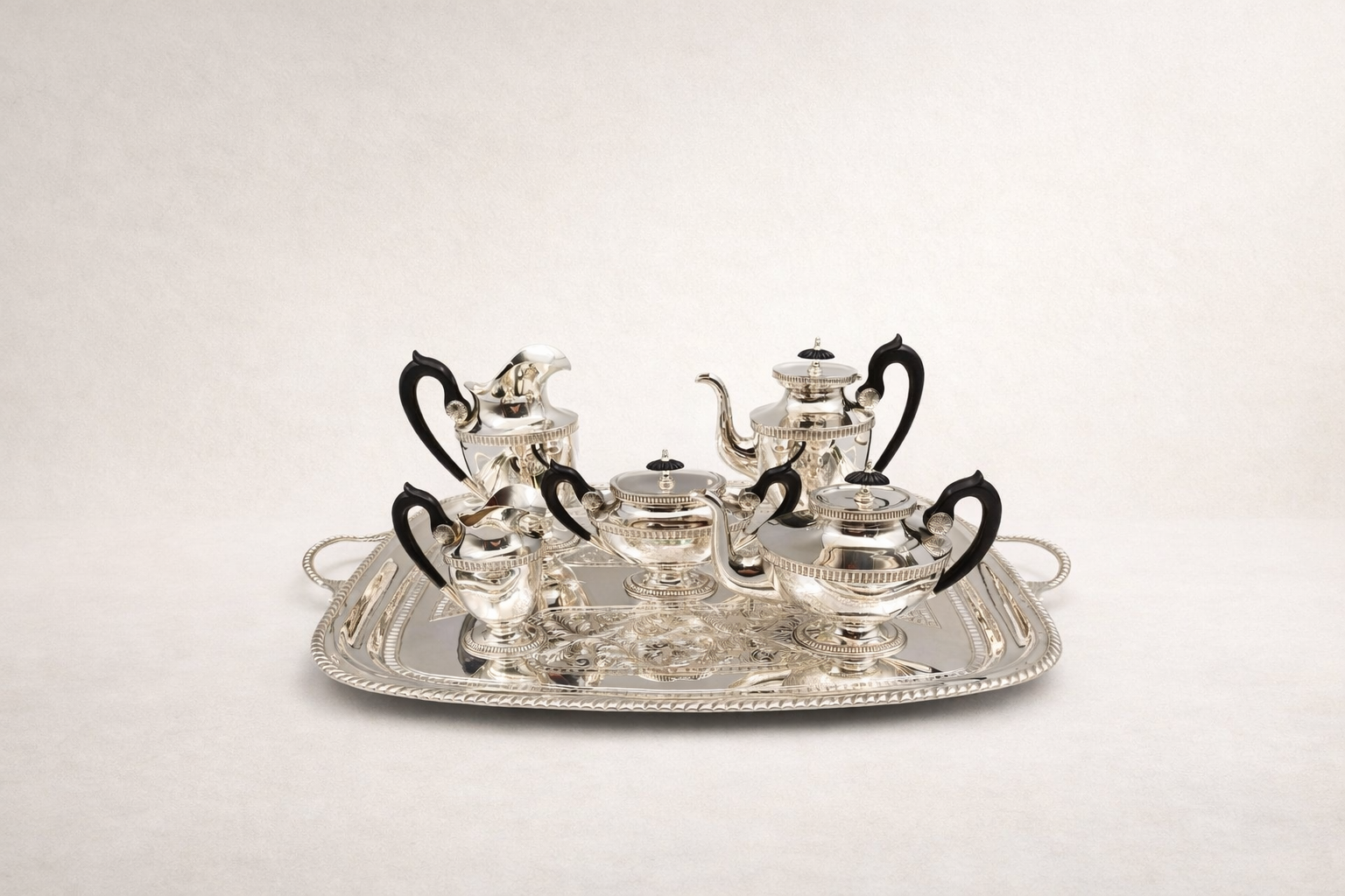 Solid 925 sterling silver tea service with deep ebony wood handles, handcrafted to order in Istanbul's Grand Bazaar