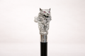 Silver-plated walking cane with sculpted wolf head handle, handcrafted in Istanbul's Grand Bazaar