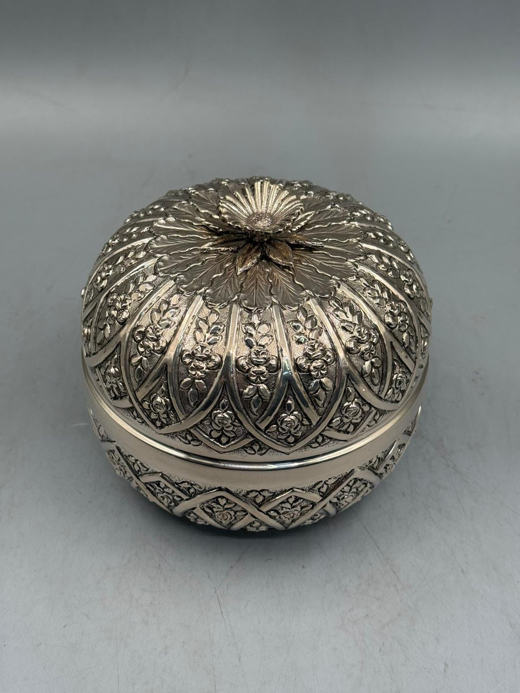 Silver-plated bonbonniere with hand-sculpted rose detail finial, handcrafted in Istanbul's Grand Bazaar