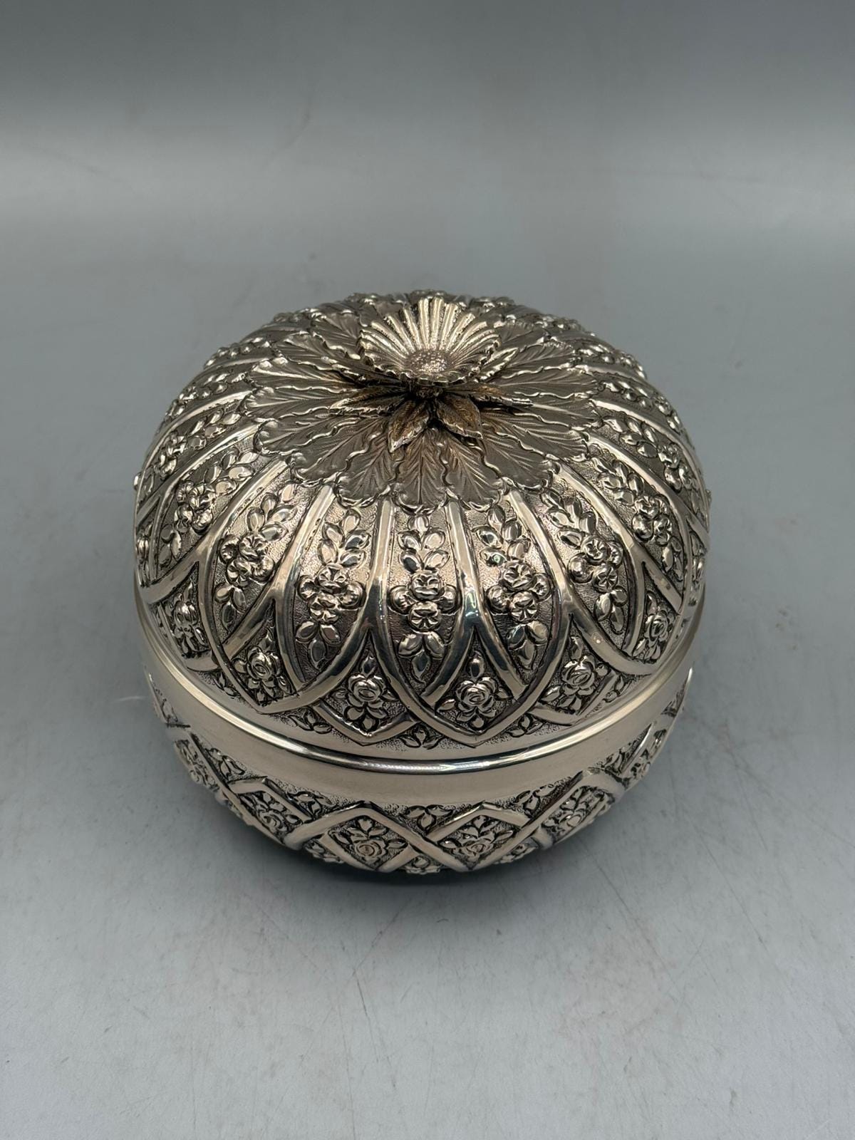 Silver-plated bonbonniere with hand-sculpted rose detail finial, handcrafted in Istanbul's Grand Bazaar