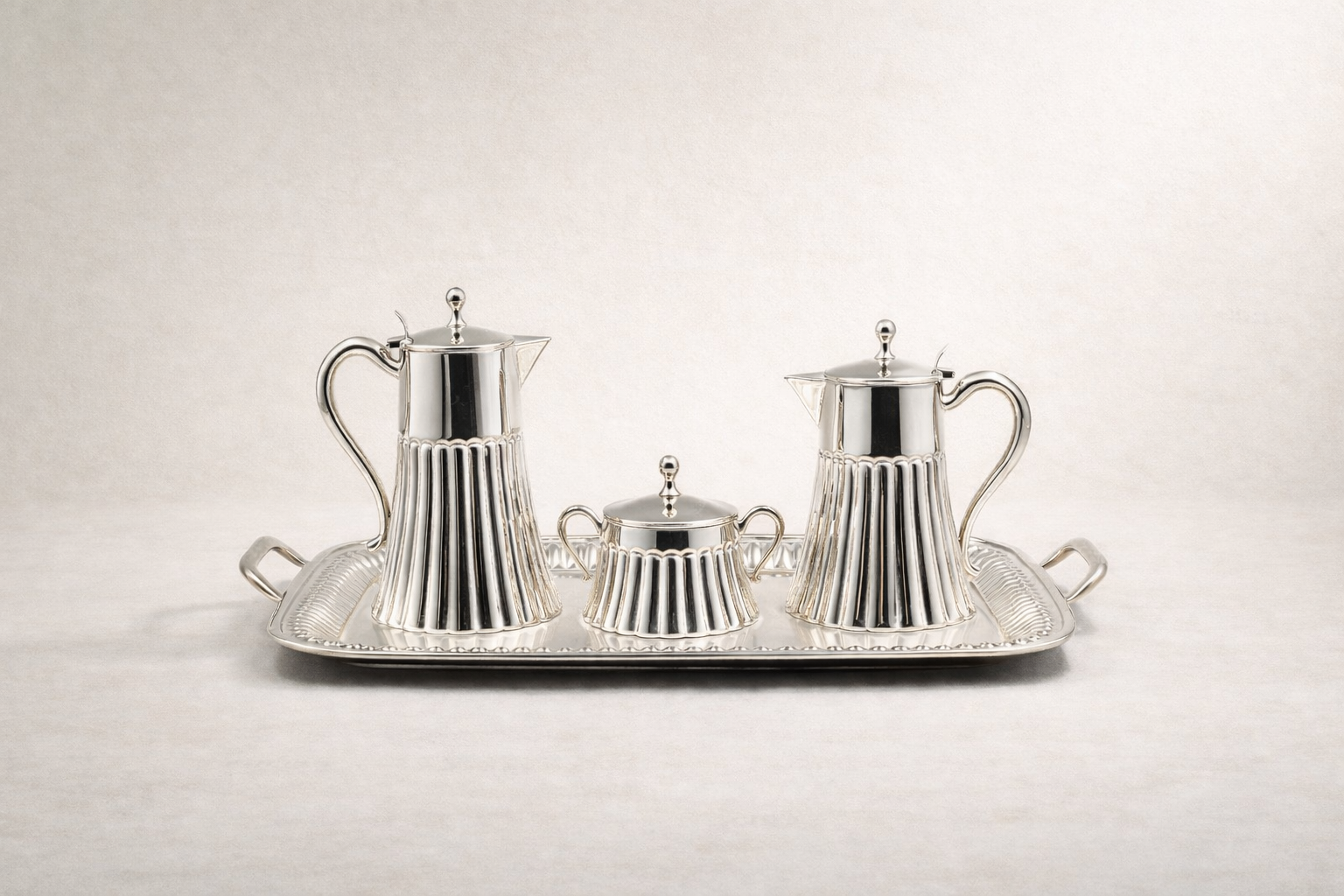 Solid 925 sterling silver tea service with architectural column detailing, handcrafted to order in Istanbul's Grand Bazaar