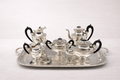 Silver-plated Ottoman tea service with deep ebony wood handles, handcrafted in Istanbul's Grand Bazaar