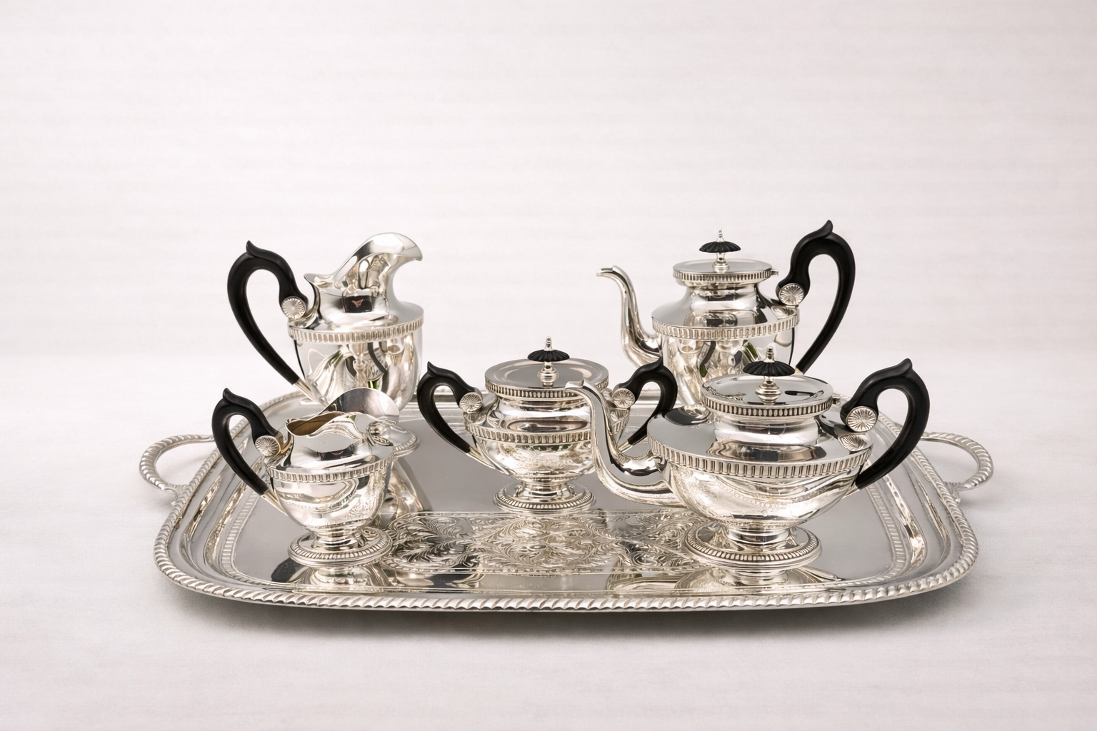 Silver-plated Ottoman tea service with deep ebony wood handles, handcrafted in Istanbul's Grand Bazaar