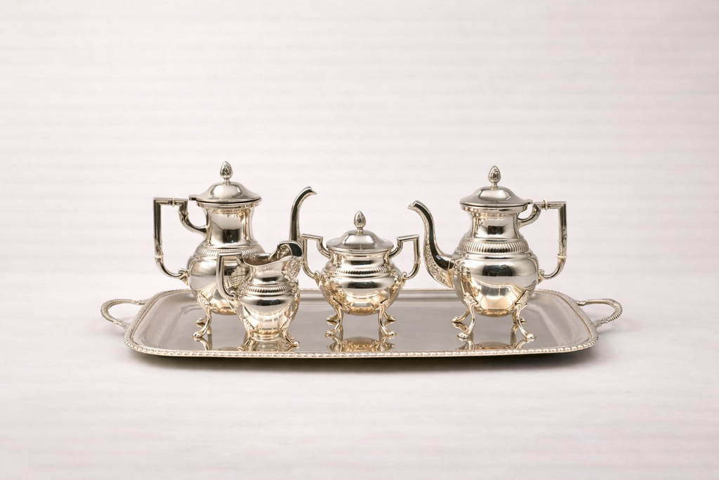 Silver-plated Bosphorus tea set with ornate engraved detailing, handcrafted in Istanbul's Grand Bazaar