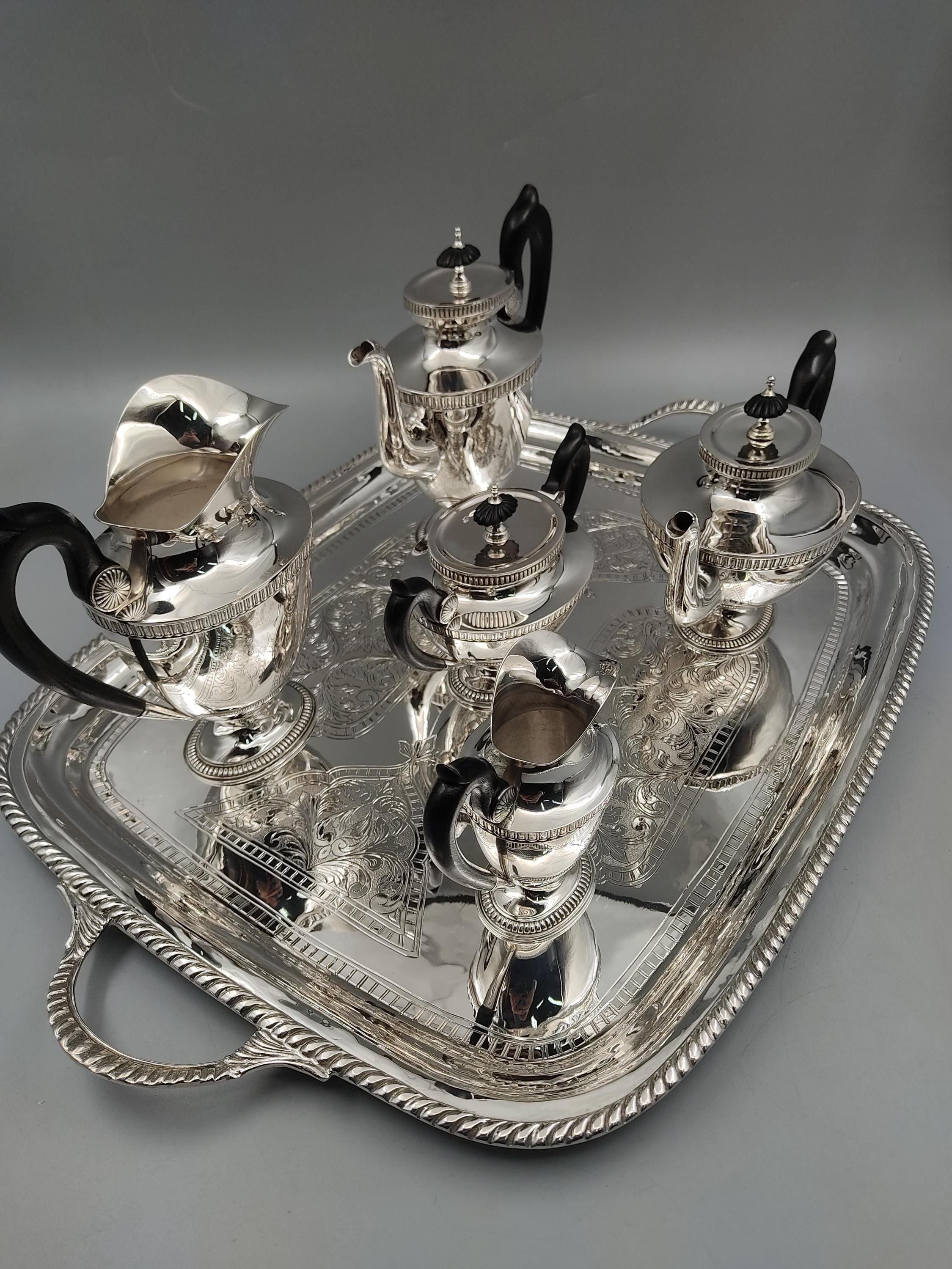 Silver-plated Ottoman tea service with deep ebony wood handles, handcrafted in Istanbul's Grand Bazaar