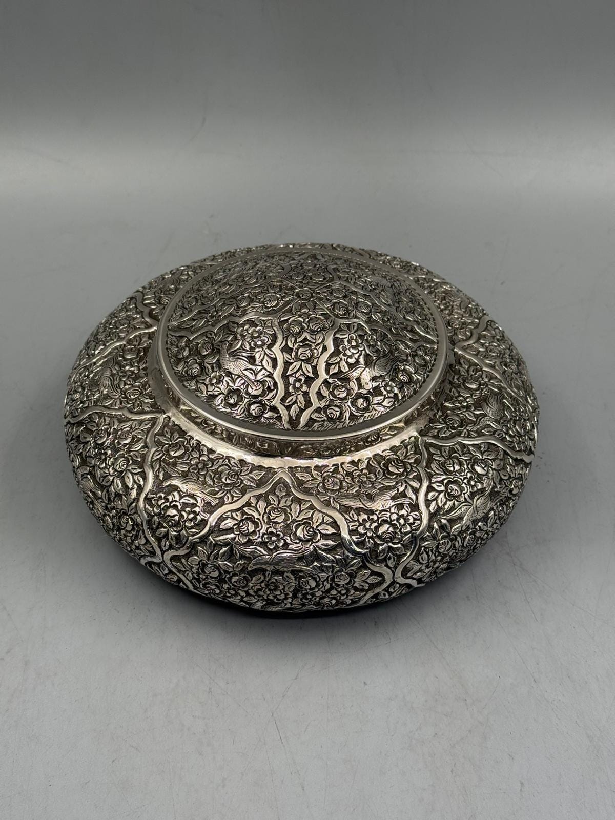 Silver-plated bonbonniere with oxidized heritage finish and relief detailing, handcrafted in Istanbul's Grand Bazaar