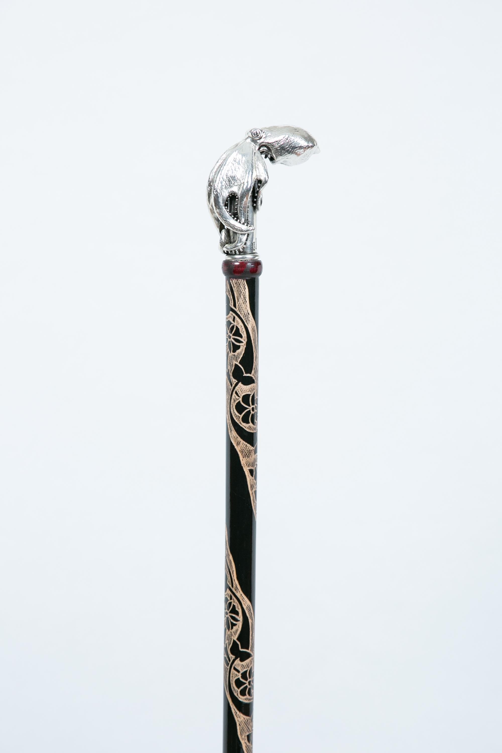 Silver-plated walking cane with sculpted octopus head handle, handcrafted in Istanbul's Grand Bazaar