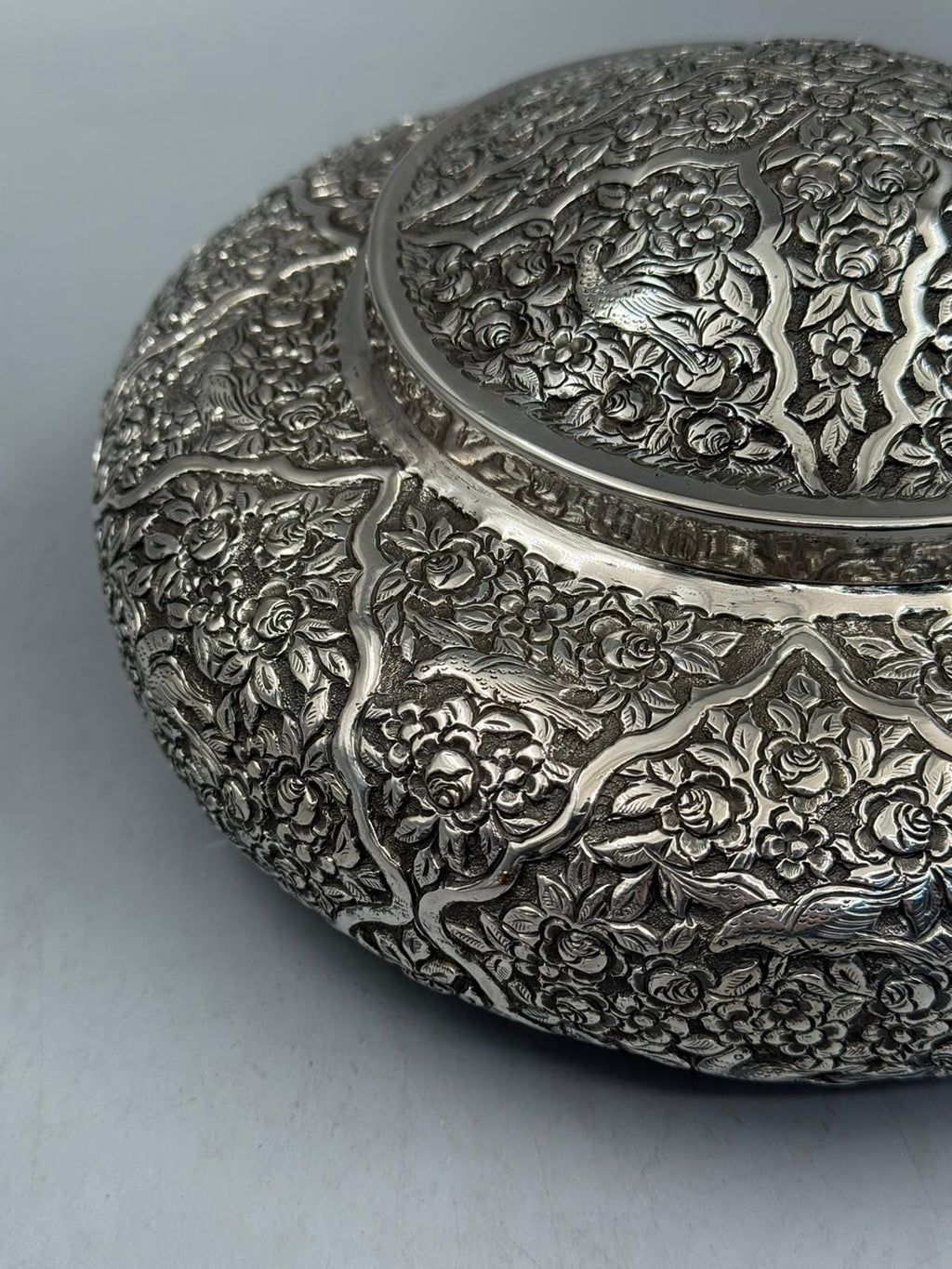 Silver-plated bonbonniere with oxidized heritage finish and relief detailing, handcrafted in Istanbul's Grand Bazaar