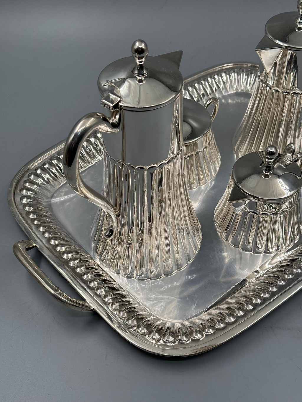 Solid 925 sterling silver tea service with architectural column detailing, handcrafted to order in Istanbul's Grand Bazaar