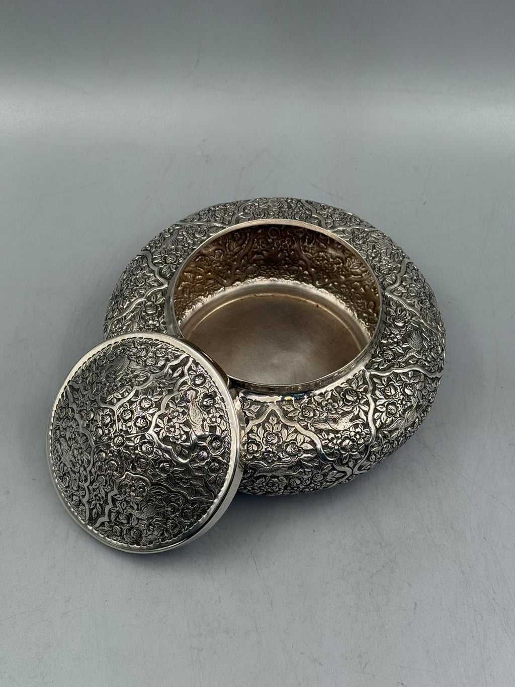 Silver-plated bonbonniere with oxidized heritage finish and relief detailing, handcrafted in Istanbul's Grand Bazaar