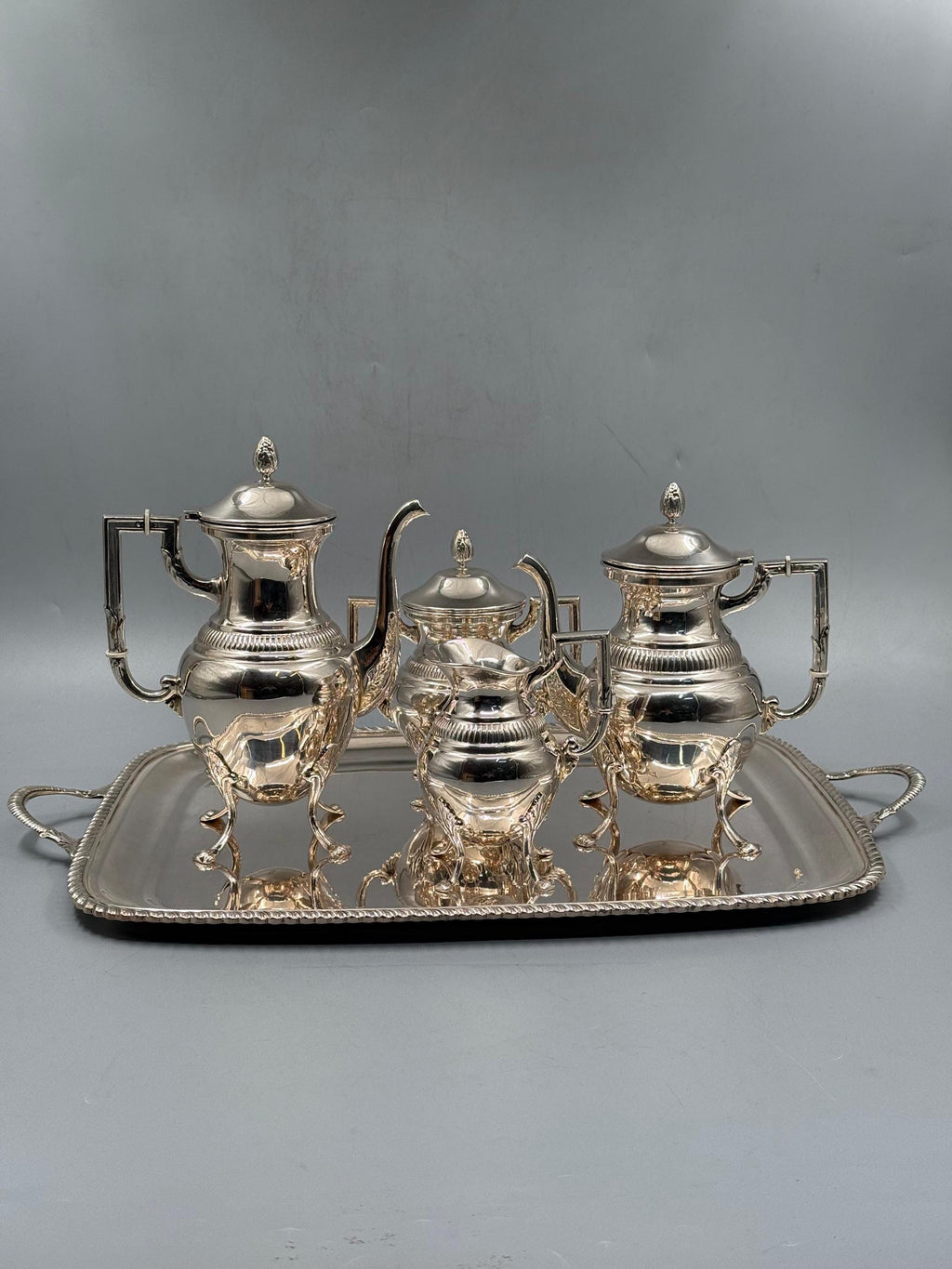 Silver-plated Bosphorus tea set with ornate engraved detailing, handcrafted in Istanbul's Grand Bazaar