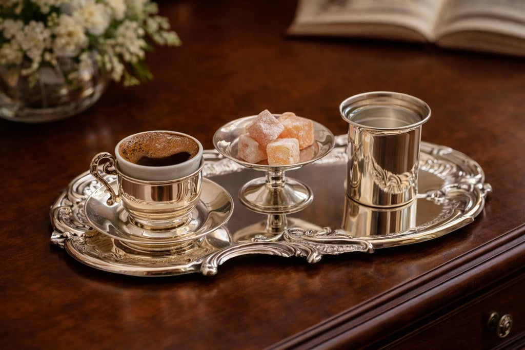 Silver-plated petite Turkish coffee set, handcrafted in Istanbul's Grand Bazaar