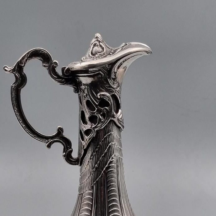 Solid 925 sterling silver ceremonial ewer with hand-engraved Ottoman floral panels, handcrafted in Istanbul's Grand Bazaar