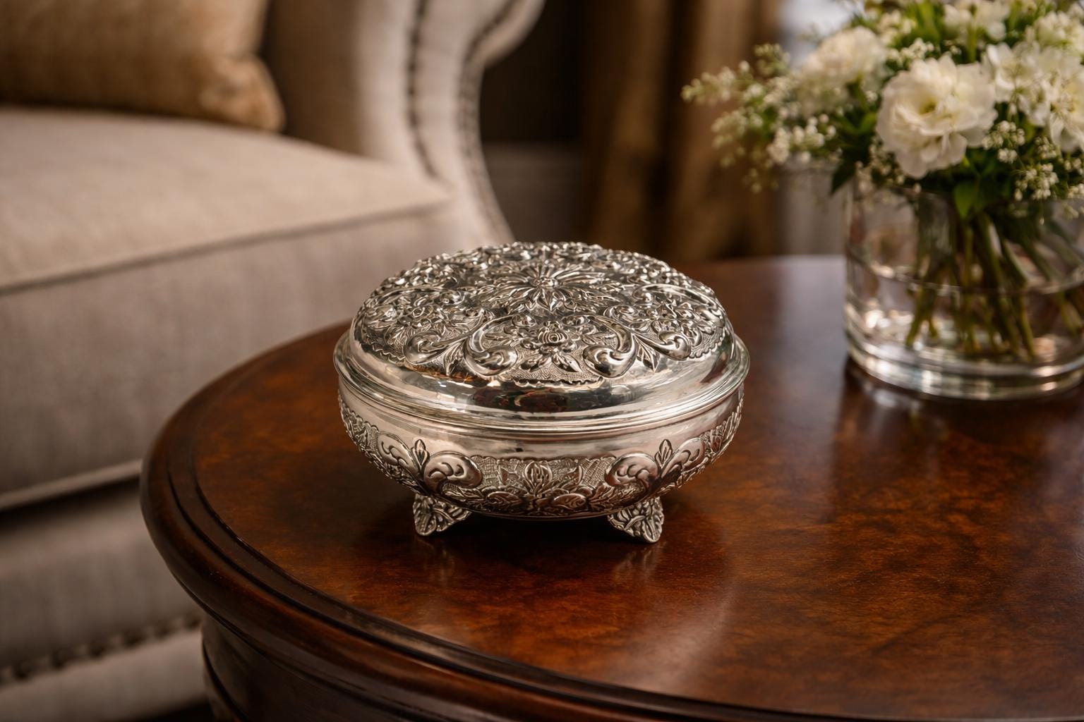 Silver-plated bonbonniere on tripod base with heritage relief detailing, handcrafted in Istanbul's Grand Bazaar