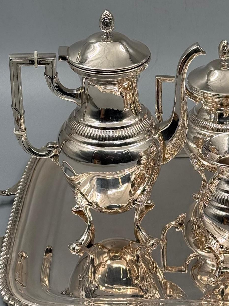 Silver-plated Bosphorus tea set with ornate engraved detailing, handcrafted in Istanbul's Grand Bazaar