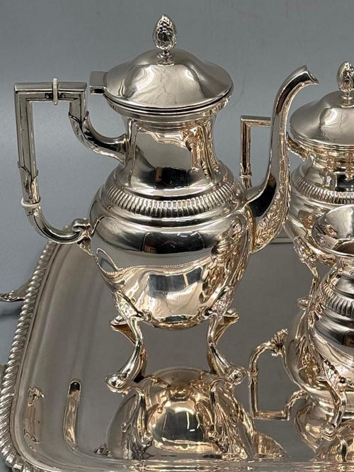 Silver-plated Bosphorus tea set with ornate engraved detailing, handcrafted in Istanbul's Grand Bazaar