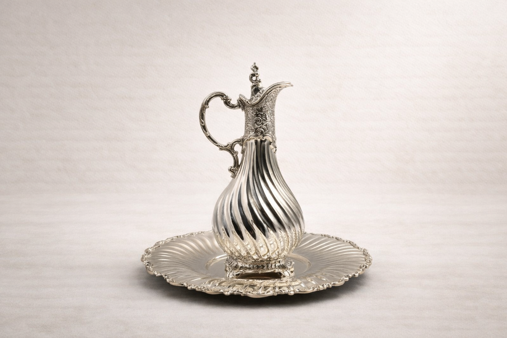 Solid 925 sterling silver ewer and basin set with fluted body and sculpted spout, handcrafted to order in Istanbul's Grand Bazaar