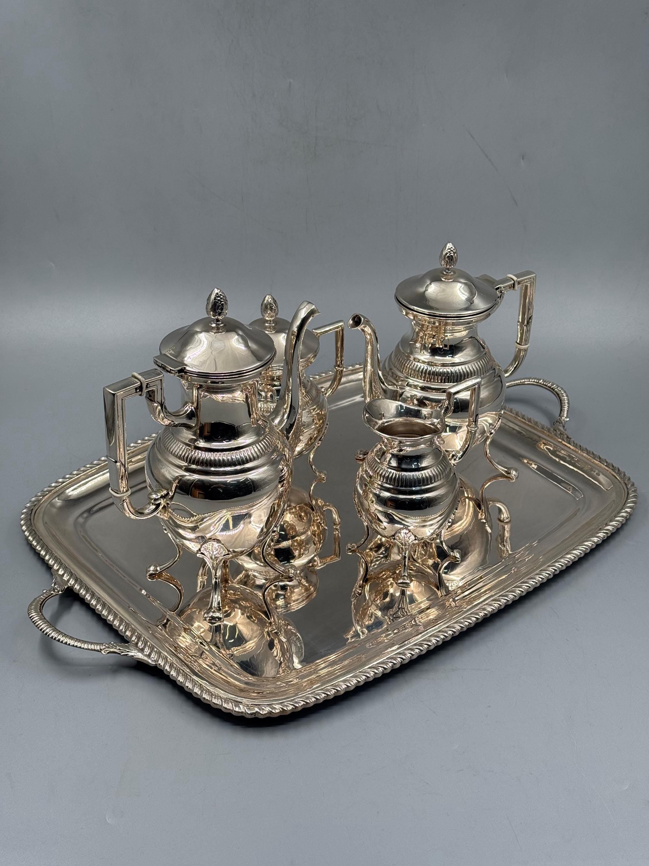 Silver-plated Bosphorus tea set with ornate engraved detailing, handcrafted in Istanbul's Grand Bazaar