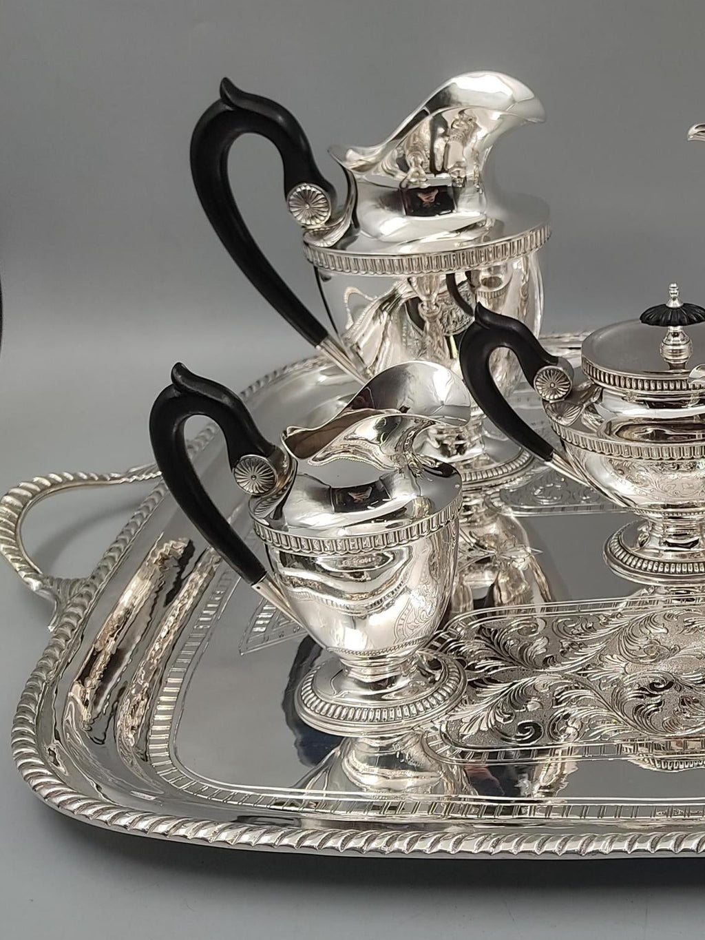 Silver-plated Ottoman tea service with deep ebony wood handles, handcrafted in Istanbul's Grand Bazaar