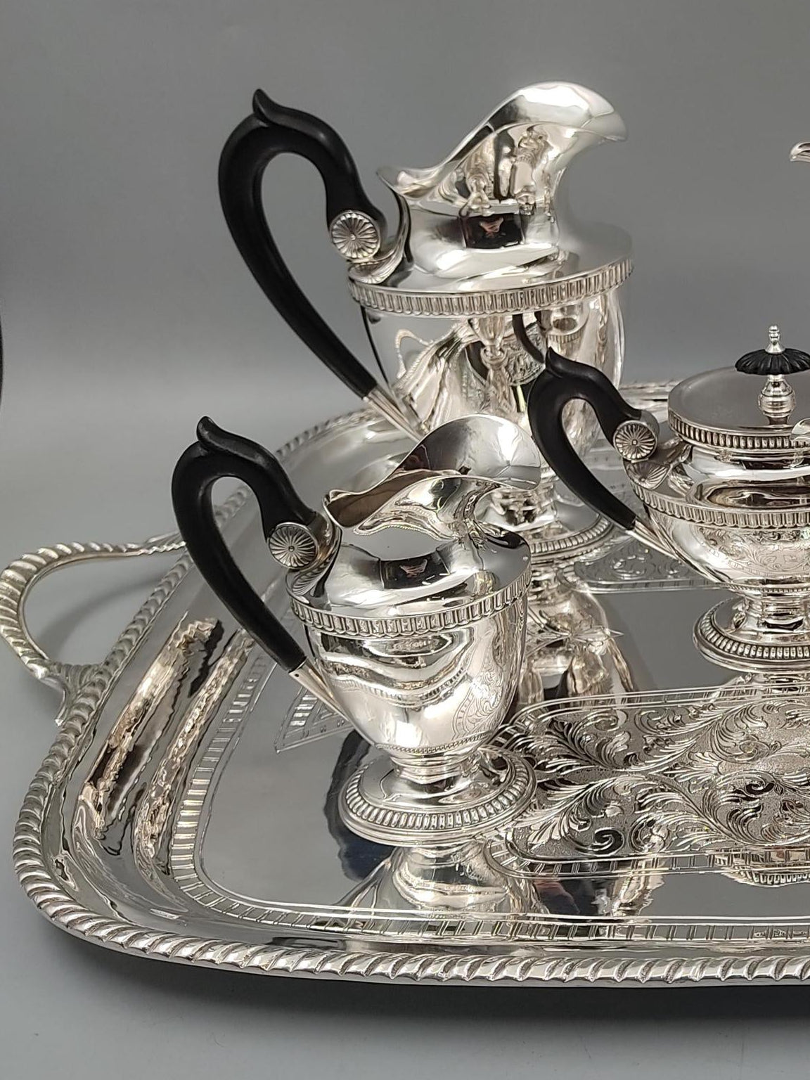 Silver-plated Ottoman tea service with deep ebony wood handles, handcrafted in Istanbul's Grand Bazaar