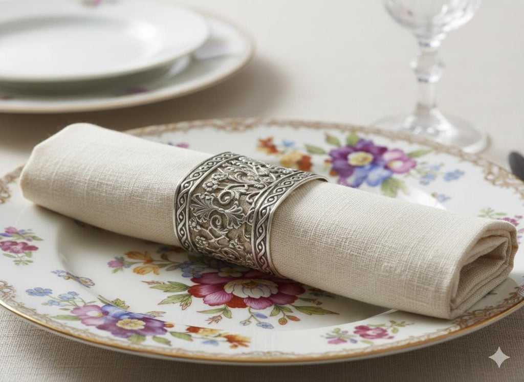 Silver-plated Ottoman napkin ring with engraved relief detailing, handcrafted in Istanbul's Grand Bazaar