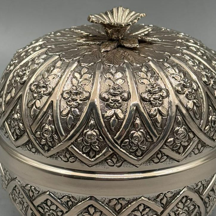Silver-plated bonbonniere with hand-sculpted rose detail finial, handcrafted in Istanbul's Grand Bazaar
