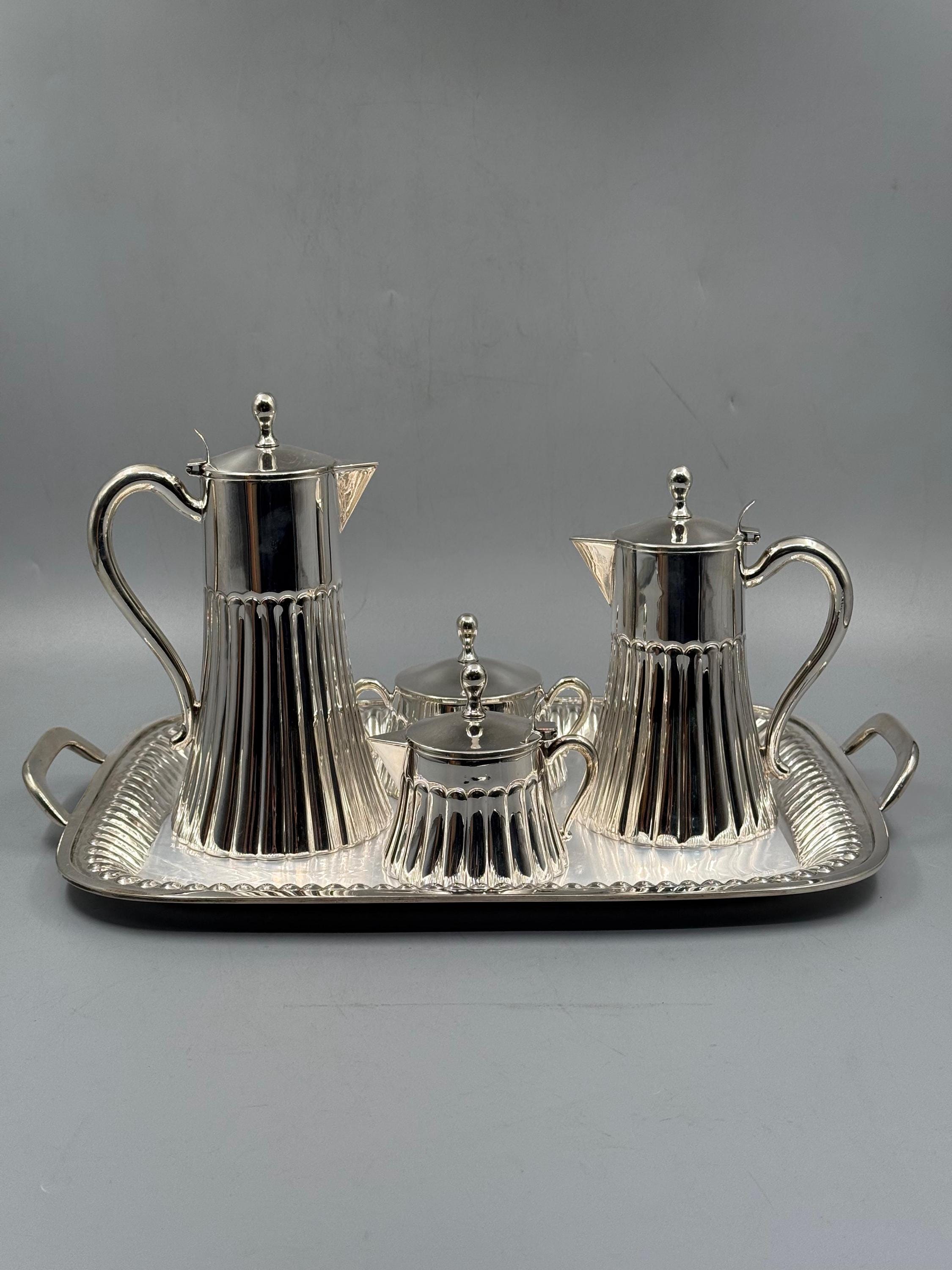 Solid 925 sterling silver tea service with architectural column detailing, handcrafted to order in Istanbul's Grand Bazaar