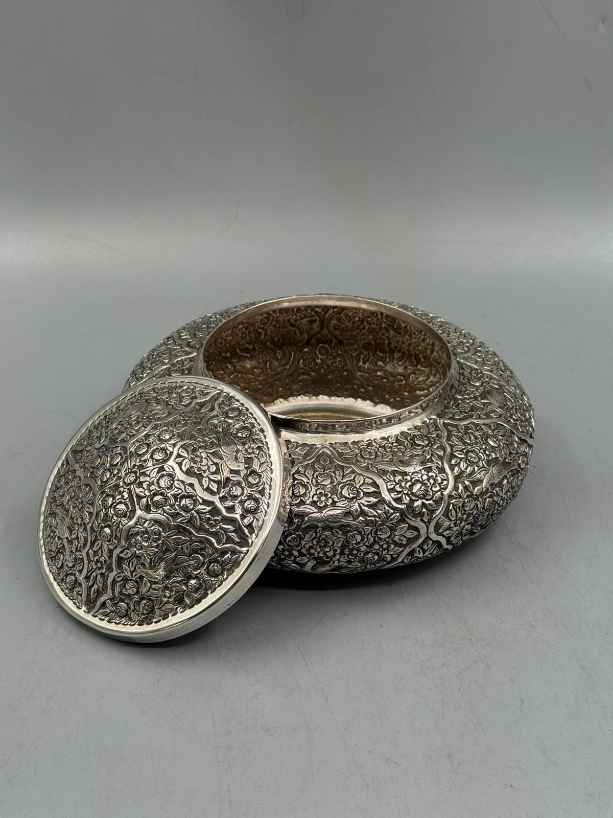 Silver-plated bonbonniere with oxidized heritage finish and relief detailing, handcrafted in Istanbul's Grand Bazaar