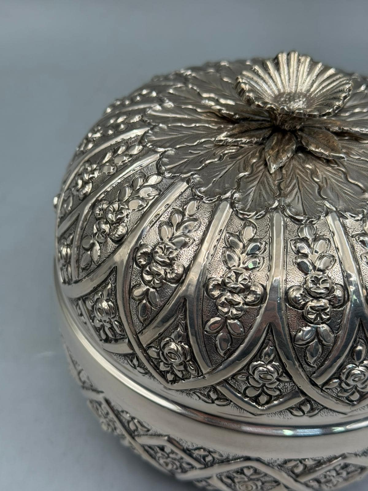 Silver-plated bonbonniere with hand-sculpted rose detail finial, handcrafted in Istanbul's Grand Bazaar