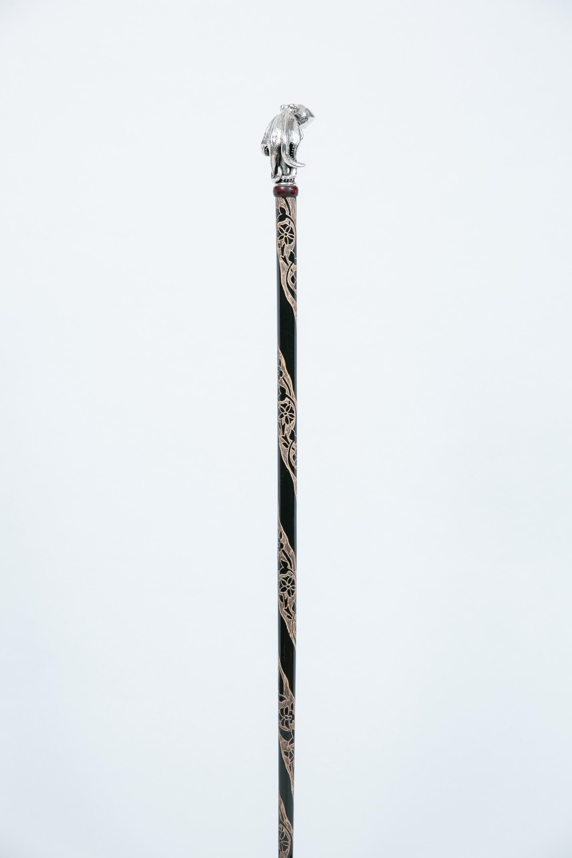 Silver-plated walking cane with sculpted octopus head handle, handcrafted in Istanbul's Grand Bazaar