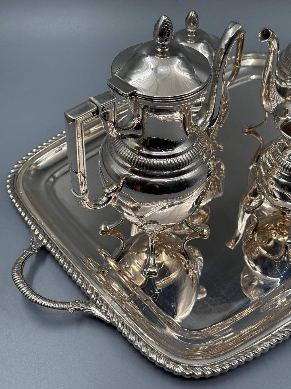 Silver-plated Bosphorus tea set with ornate engraved detailing, handcrafted in Istanbul's Grand Bazaar
