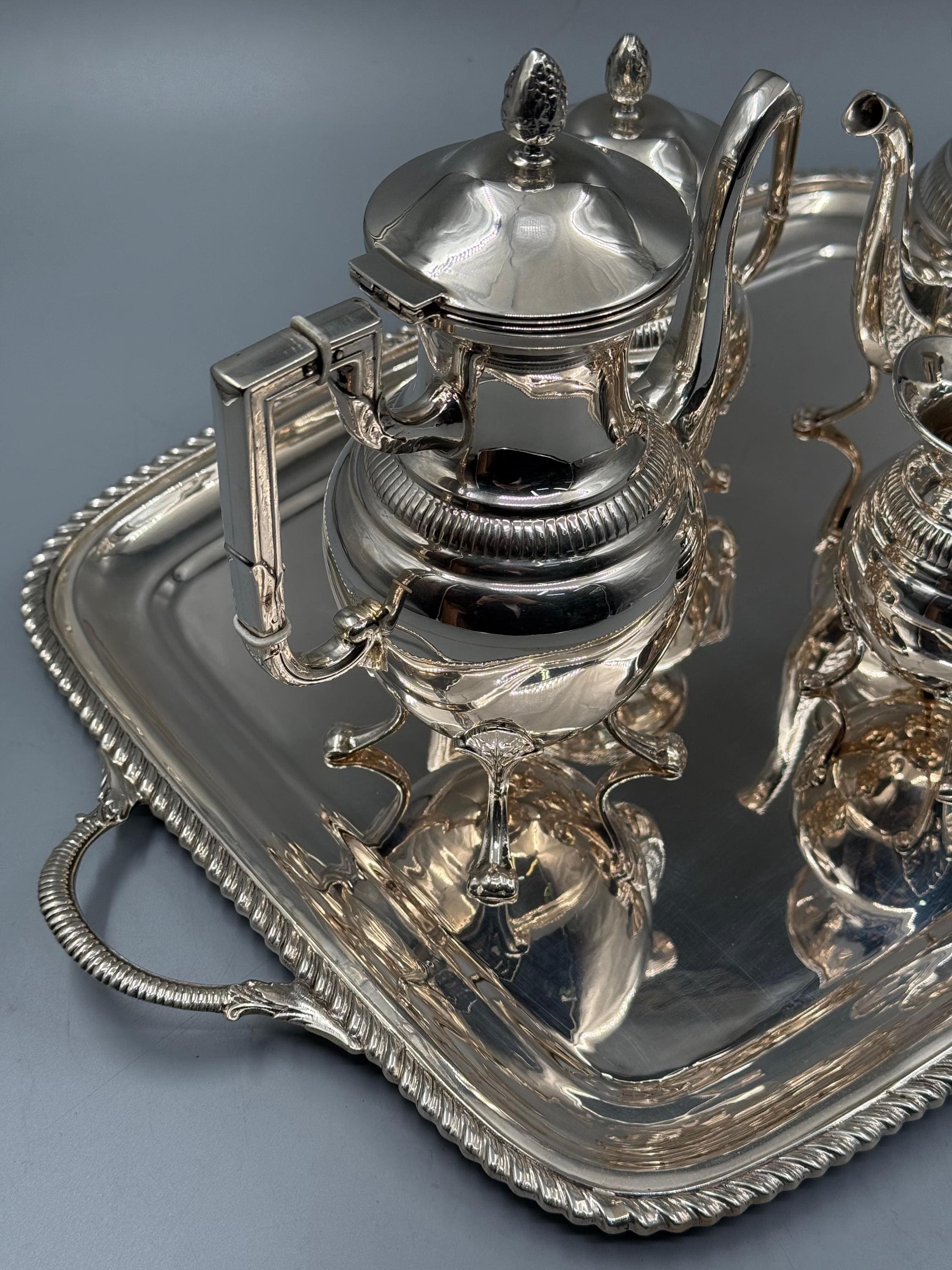 Silver-plated Bosphorus tea set with ornate engraved detailing, handcrafted in Istanbul's Grand Bazaar