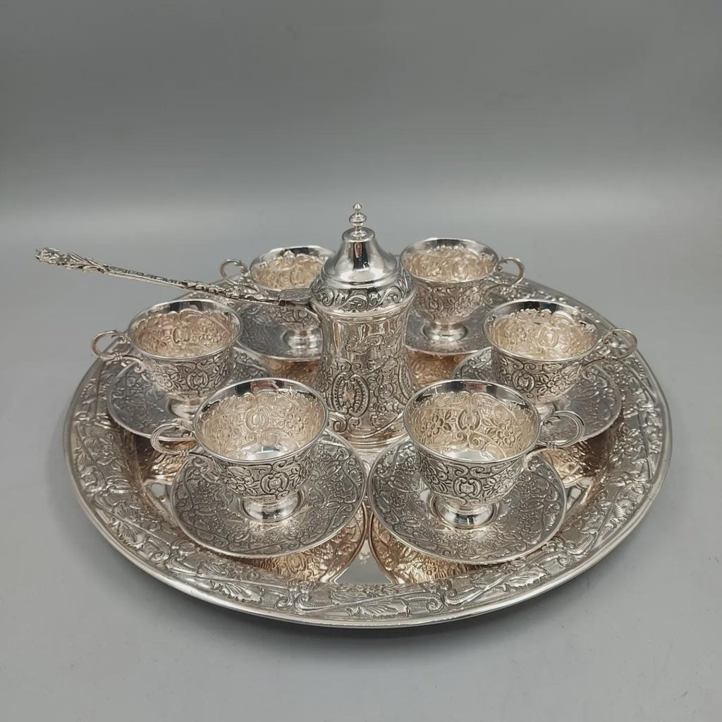 Solid 925 sterling silver Turkish coffee service for six with hand-engraved floral and scroll motifs, handcrafted in Istanbul's Grand Bazaar