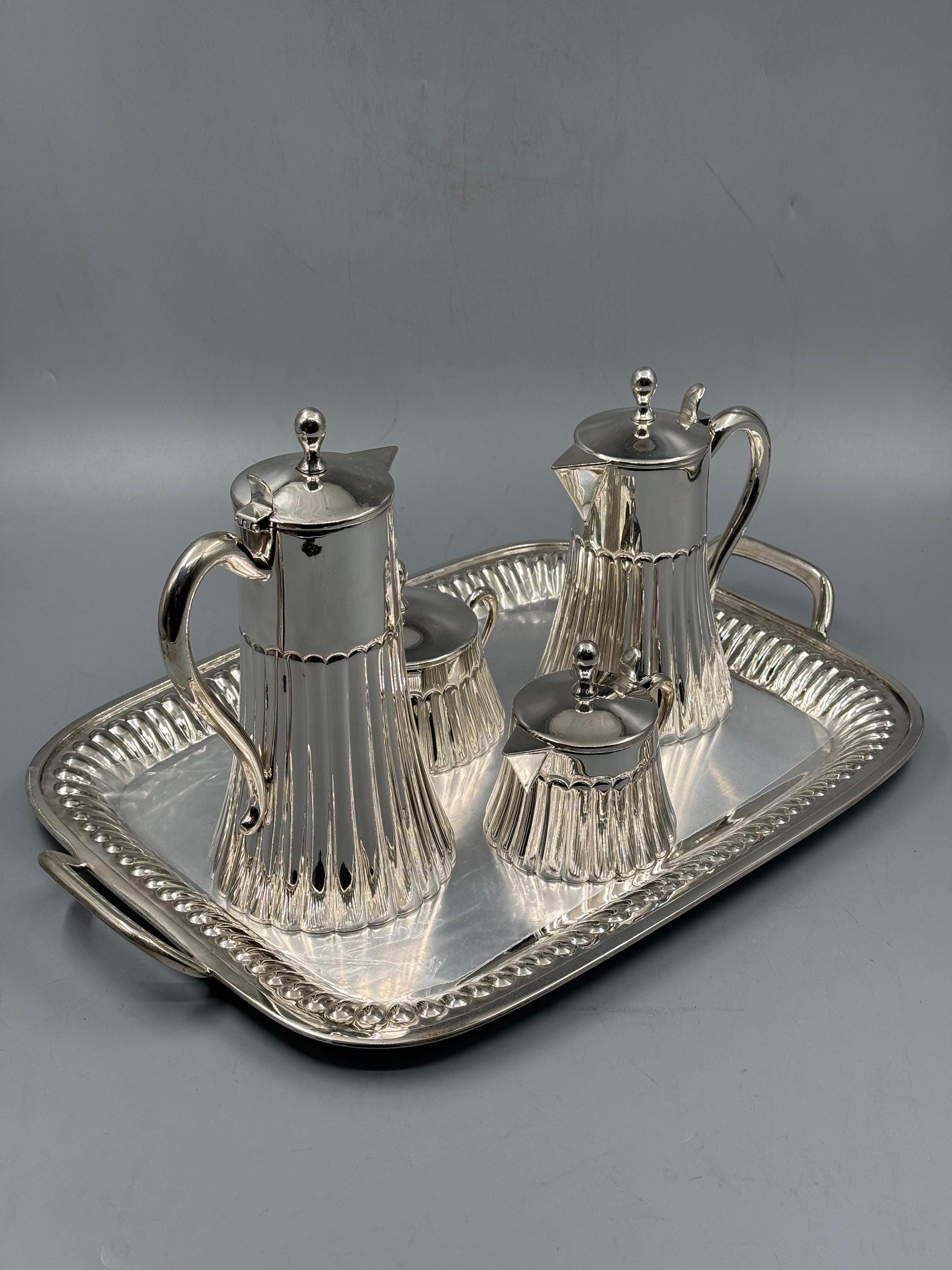 Solid 925 sterling silver tea service with architectural column detailing, handcrafted to order in Istanbul's Grand Bazaar