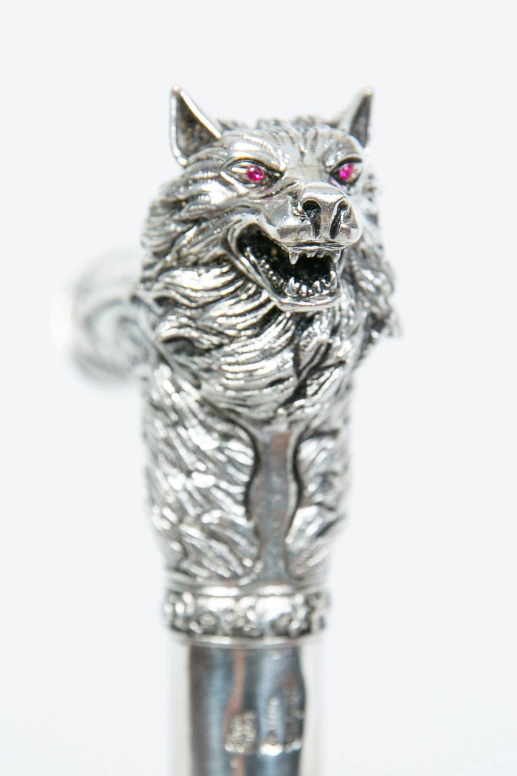 Silver-plated walking cane with sculpted wolf head handle, handcrafted in Istanbul's Grand Bazaar