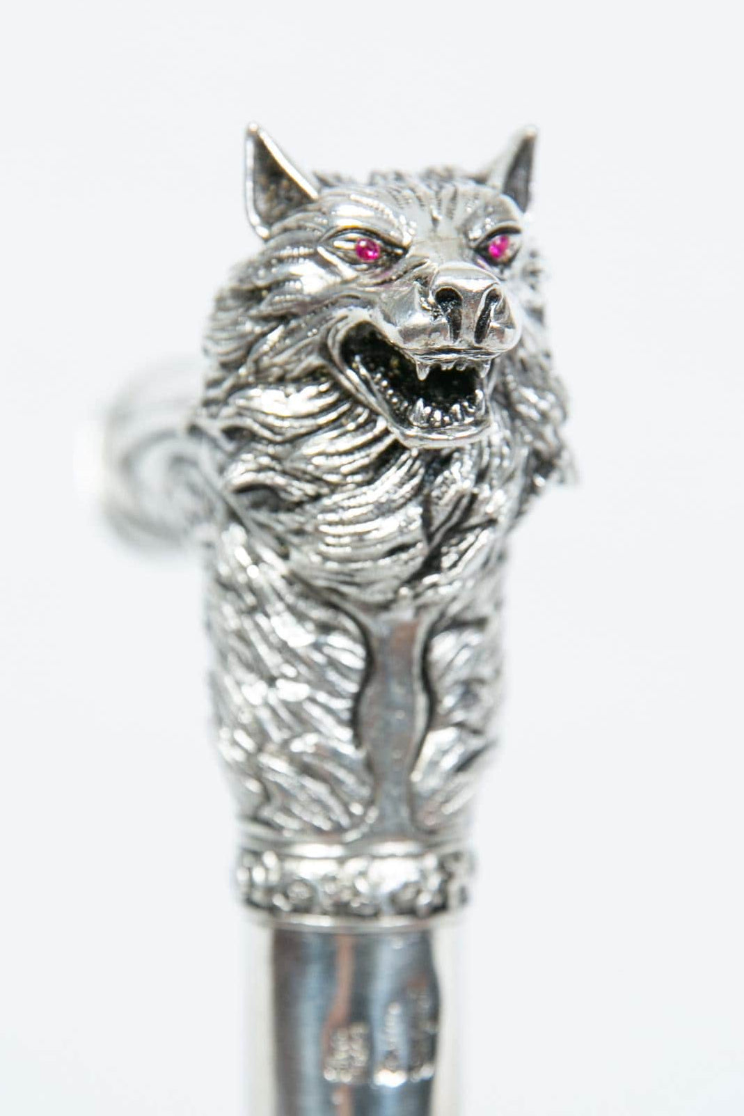 Silver-plated walking cane with sculpted wolf head handle, handcrafted in Istanbul's Grand Bazaar