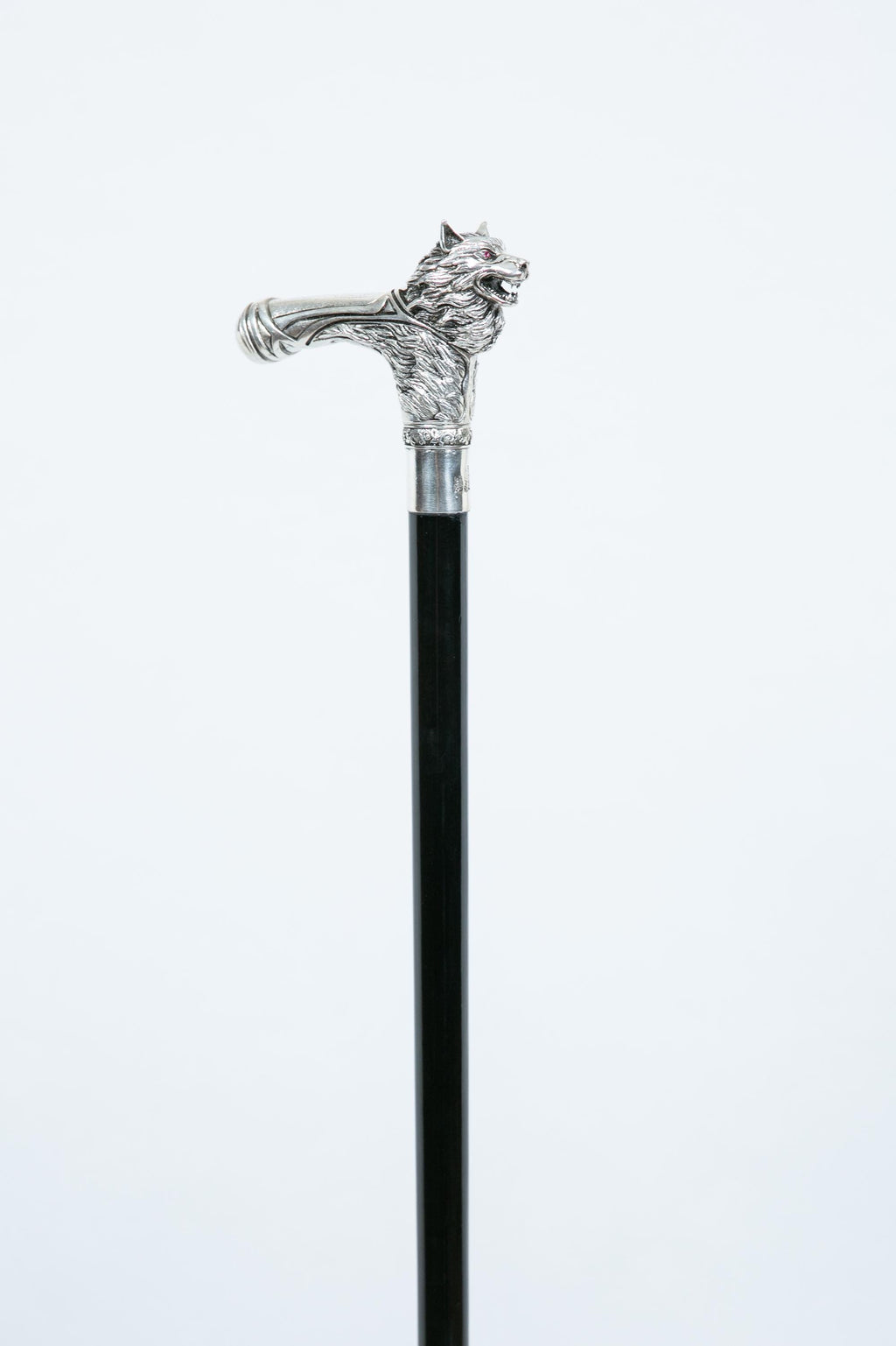 Silver-plated walking cane with sculpted wolf head handle, handcrafted in Istanbul's Grand Bazaar