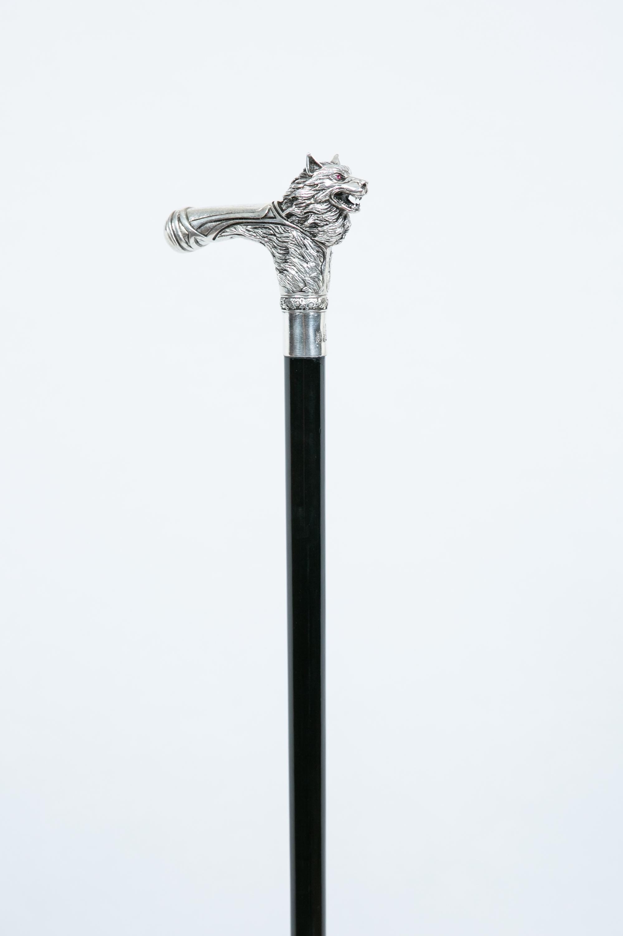 Silver-plated walking cane with sculpted wolf head handle, handcrafted in Istanbul's Grand Bazaar